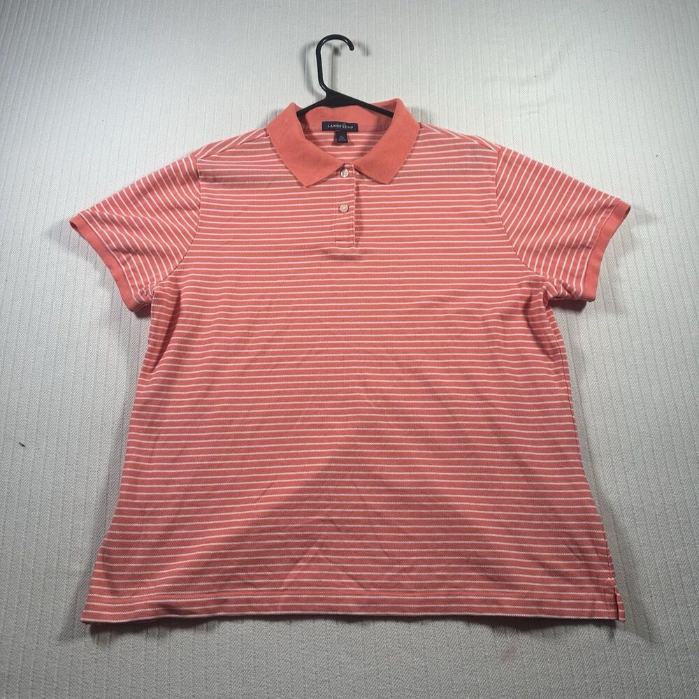 Lands’ End Women’s XL 18-20 Coral Striped Polo Shirt Short Sleeve Collared Top